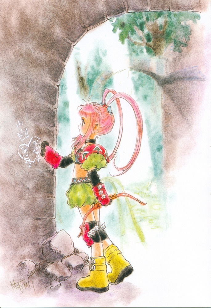 bow_(weapon) chelsea_torn choker full_body gloves inomata_mutsumi knee_pads long_hair midriff official_art pink_hair ponytail profile scan shoes skirt smile solo split_ponytail tales_of_(series) tales_of_destiny weapon
