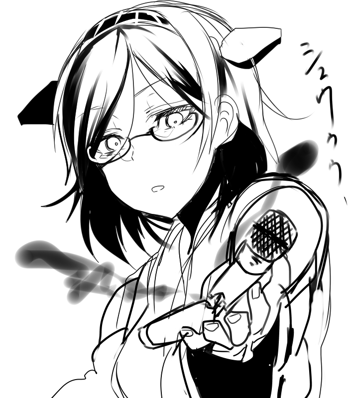 broken detached_sleeves glasses greyscale hairband kantai_collection kirishima_(kantai_collection) looking_at_viewer microphone monochrome nochita_shin solo upper_body