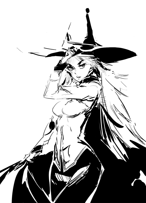 blazblue blazblue_phase_0 breasts dan_kim greyscale hat konoe_a_mercury long_hair medium_breasts monochrome pants solo witch_hat