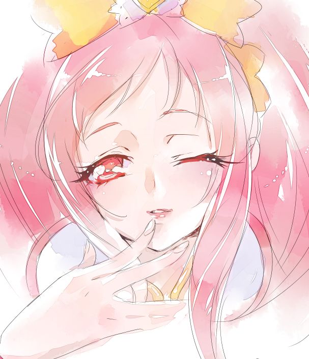 chiyo_(rotsurechiriha) cure_ace dokidoki!_precure face hand_to_own_mouth light_smile lips madoka_aguri one_eye_closed precure red_eyes red_hair solo