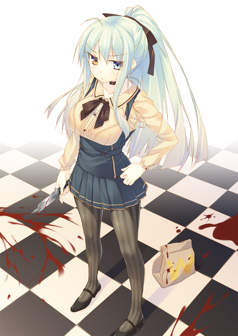 :&lt; bag blood blood_stain bloody_knife blue_eyes checkered checkered_floor closed_mouth heterochromia kazushiki_midori knife long_hair mary_janes original pantyhose paper_bag shoes skirt solo striped striped_legwear v-shaped_eyebrows vertical-striped_legwear vertical_stripes wide_ponytail yellow_eyes