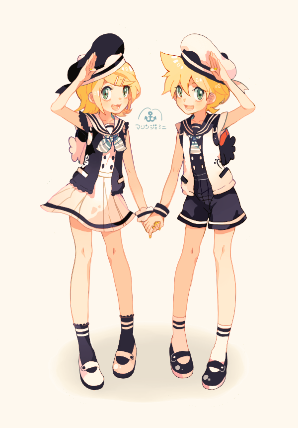 1girl blonde_hair brother_and_sister full_body hair_ornament hairclip hat holding_hands kagamine_len kagamine_rin mary_janes sailor sailor_hat shoes short_hair siblings skirt smile souno_kazuki twins vocaloid