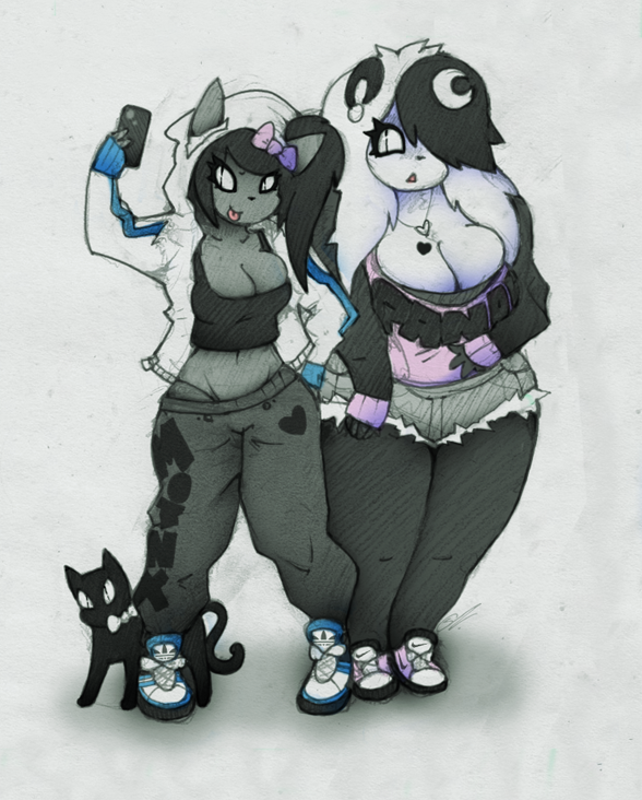 anthro big_breasts black_hair breasts cat chubby clothed clothing cute duo feline female gangster hair hoodie huge_breasts jacket luna_the_panda_bear mammal minx_kitten minx_the_kitten overweight pants phone ponytail shorts simple_background slit_eyes smutbunny sweatpants tattoo thick_thighs trainers urban wide_hips