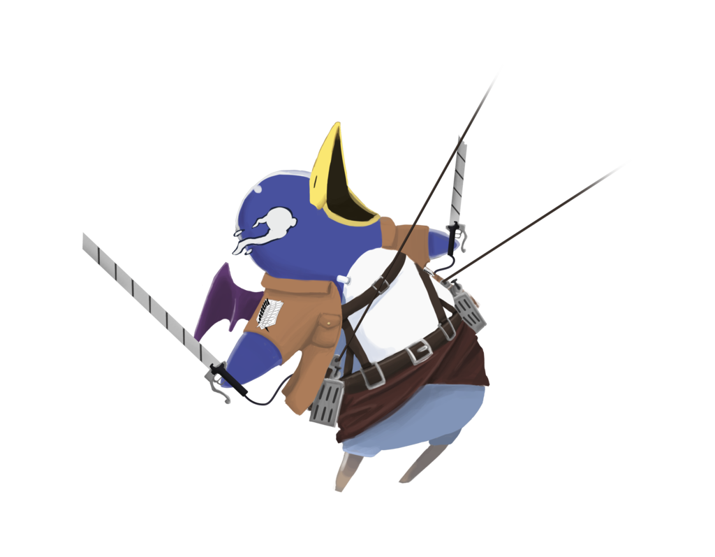 beak belt buckle crossover disgaea full_body jacket long_sleeves nippon_ichi no_humans open_clothes open_jacket open_mouth prinny shingeki_no_kyojin simple_background standing three-dimensional_maneuver_gear tidalforge white_background