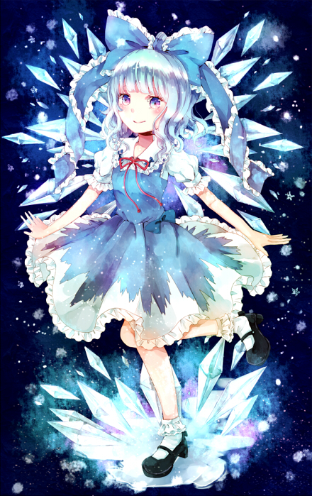 alternate_hairstyle bad_id bad_pixiv_id blue_dress blue_eyes blue_hair bow cirno dress hair_bow ice ice_wings jaku_sono mary_janes puffy_sleeves shirt shoes short_sleeves smile solo standing standing_on_one_leg touhou wavy_hair wings