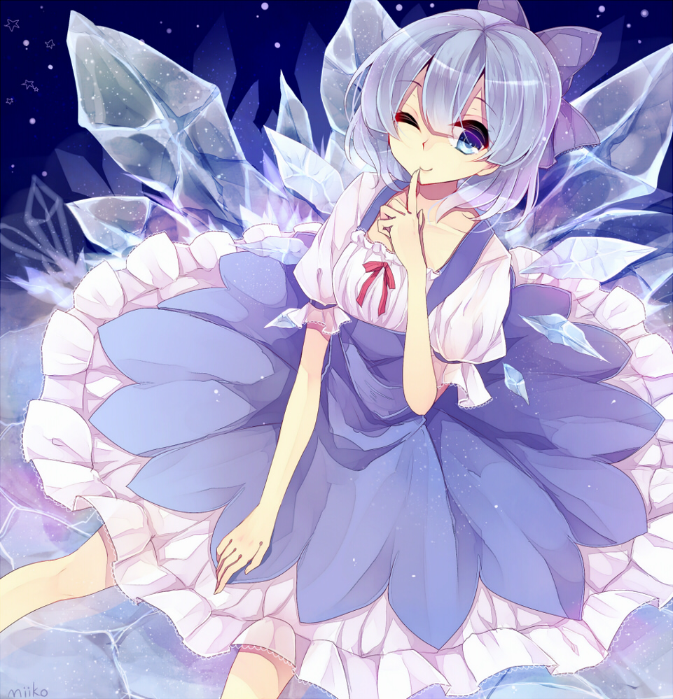 bad_id bad_pixiv_id blue_dress blue_eyes blue_hair bow cirno collarbone dress finger_to_mouth hair_bow ice ice_wings looking_at_viewer miiko_(somnolent) one_eye_closed shirt short_sleeves shushing sitting smile solo touhou wings