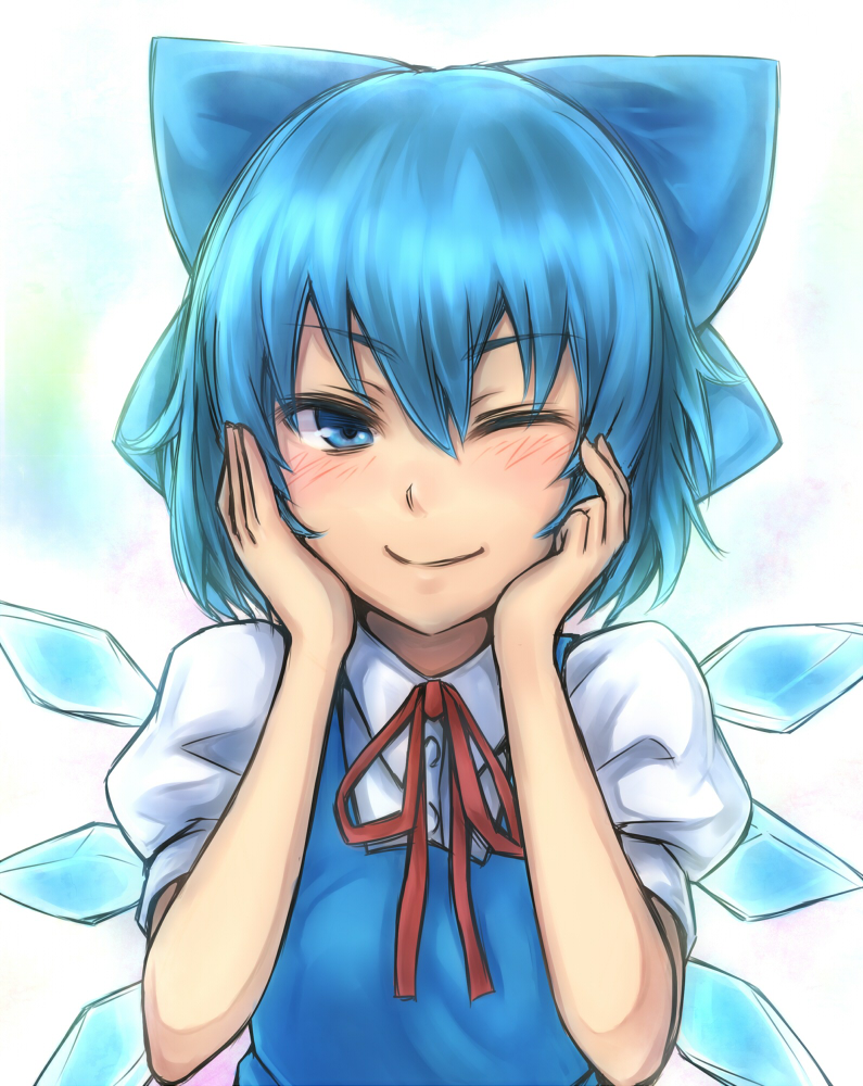 ;) blue_eyes blue_hair blush bow cirno dress hair_bow hands_on_own_face inaba-no-kuni-tottori one_eye_closed ribbon short_hair smile solo touhou upper_body