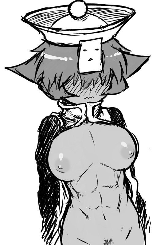 abs blush breasts detached_sleeves full-face_blush greyscale hair_over_eyes hat large_breasts lei_lei monochrome navel nipples nude ofuda pubic_hair short_hair solo tsukudani_(coke-buta) vampire_(game)