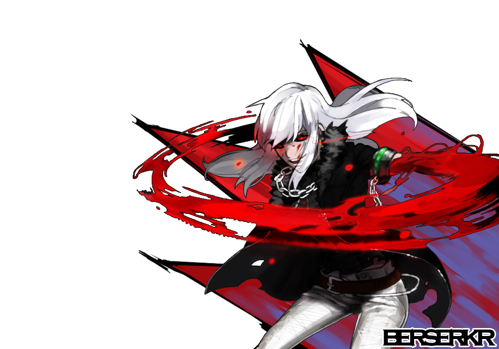1girl artist_request blood blood_on_face breasts dungeon_and_fighter earrings female_slayer_(dungeon_and_fighter) fur fur_trim gloves jewelry long_hair profile red_eyes simple_background slayer_(dungeon_and_fighter) solo sword tagme weapon white_hair