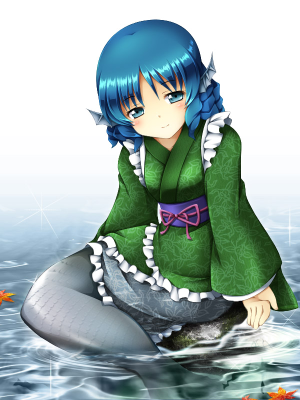 animal_ears blue_eyes blue_hair fukaiton head_fins japanese_clothes leaf long_sleeves mermaid monster_girl obi open_mouth rock sash short_hair sitting smile solo touhou wakasagihime water wide_sleeves