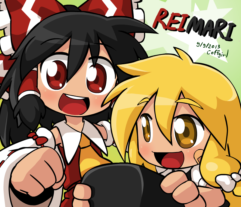 artist_name ascot bandaid black_hair blonde_hair bow braid clenched_hand coffgirl dated detached_sleeves eyebrows green_background hair_bow hair_tubes hakurei_reimu hat hat_removed headwear_removed holding holding_hat kirisame_marisa looking_at_viewer looking_away multiple_girls open_mouth red_eyes round_teeth short_hair simple_background single_braid skirt skirt_set star teeth touhou yellow_eyes