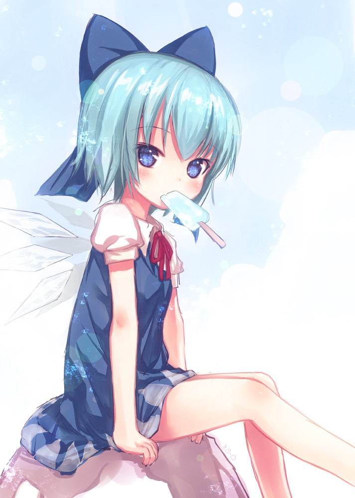 bad_id bad_pixiv_id blue_eyes blue_hair blush bow cirno food hair_bow kiira looking_at_viewer popsicle short_hair sitting solo touhou wings