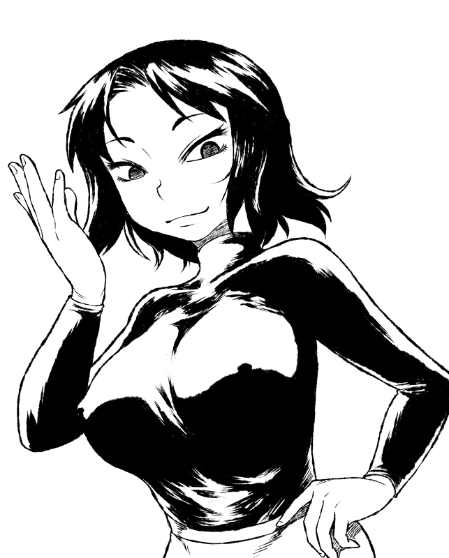 breasts character_request covered_nipples greyscale hand_on_hip large_breasts light_smile monochrome short_hair solo tsukudani_(coke-buta) tsurime turtleneck upper_body
