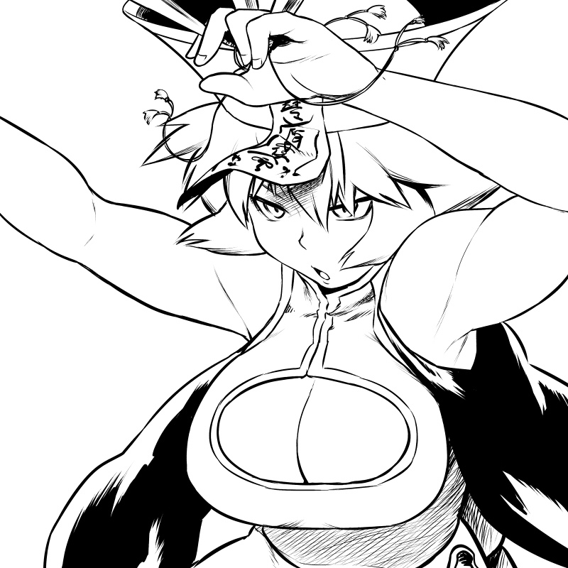 breasts chinese_clothes cleavage cleavage_cutout fighting_stance greyscale hat huge_breasts jiangshi lei_lei monochrome ofuda sash short_hair sleeveless solo toned tsukudani_(coke-buta) vampire_(game)