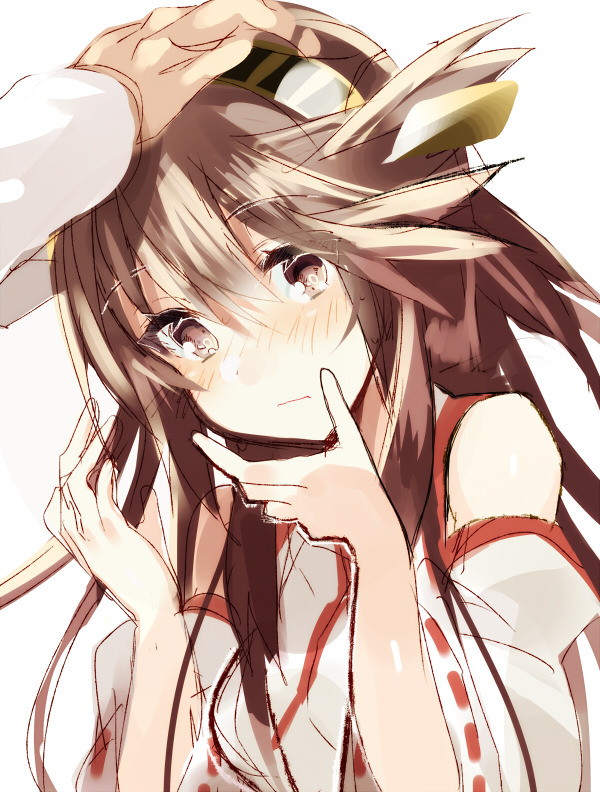 bare_shoulders blush brown_eyes brown_hair detached_sleeves hairband haruna_(kantai_collection) kantai_collection nochita_shin out_of_frame petting solo_focus