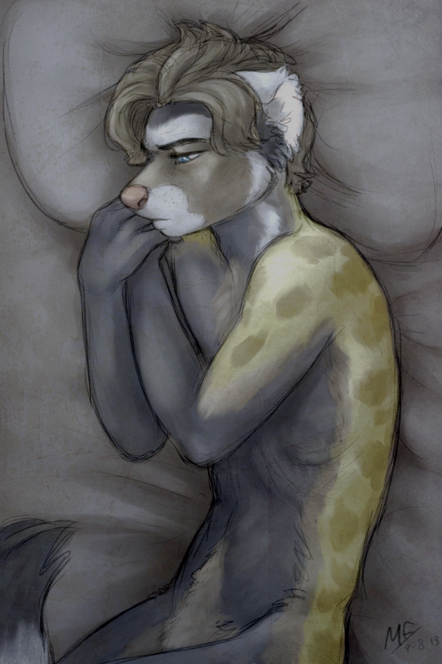 anthro avoid_posting bed conditional_dnp kimber_di_furetti male mammal marbled_polecat moodyferret mustelid nude pillow polecat pouty sad solo weasel