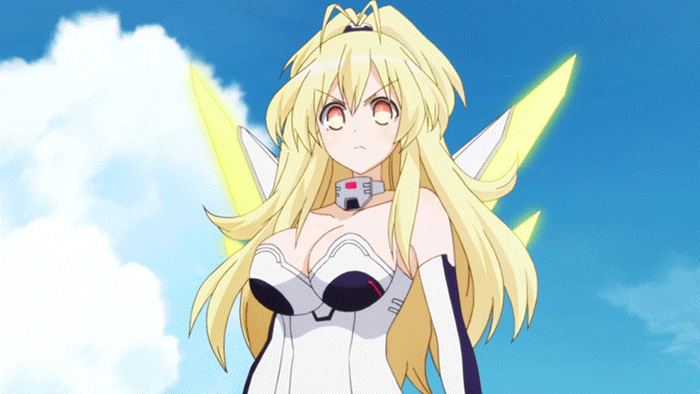 1girl animated animated_gif blonde_hair breasts choujigen_game_neptune cleavage fang large_breasts leotard long_hair mecha_musume neptune_(series) pish solo symbol-shaped_pupils yellow_eyes yellow_heart
