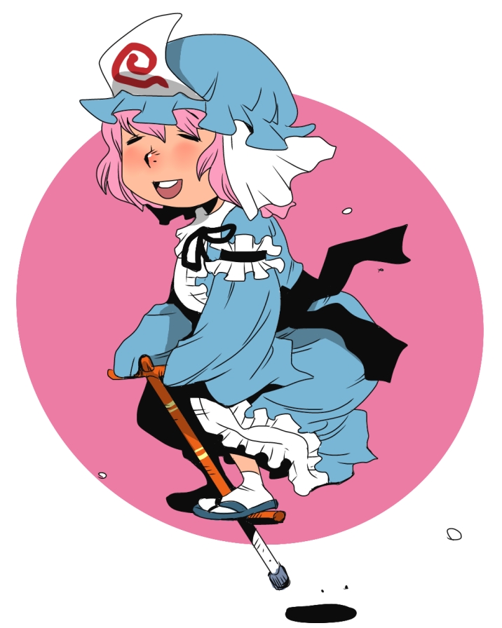 bouncing hat hopping japanese_clothes onikobe_rin pink_hair pogo_stick saigyouji_yuyuko short_hair smile solo touhou triangular_headpiece