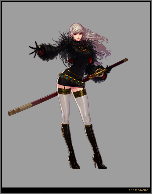 1girl belt black_gloves boots breasts dungeon_and_fighter earrings female_slayer_(dungeon_and_fighter) fingerless_gloves fur_trim garter_straps gloves high_heels jewelry long_hair looking_at_viewer minidress official_art red_eyes sheath shoes short_dress simple_background slayer_(dungeon_and_fighter) solo sword thigh_boots thighhighs unsheathing very_long_hair weapon white_hair white_legwear