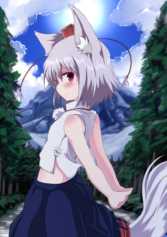 animal_ears arms_behind_back bare_arms blue_sky blush cloud day forest hat hat_ribbon inubashiri_momiji looking_at_viewer looking_back midriff mountain nature noa_(nagareboshi) red_eyes ribbon shirt silver_hair skirt sky sleeveless sleeveless_shirt smile solo tail tokin_hat touhou wolf_ears wolf_tail