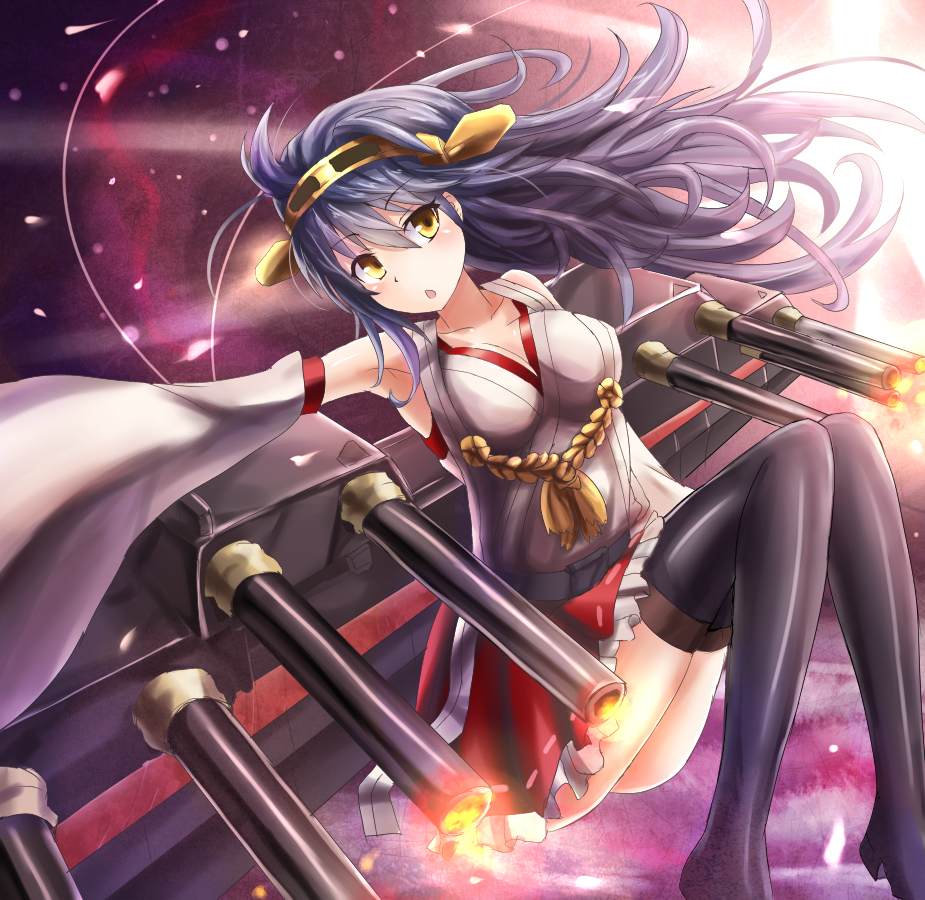 armpits black_hair boots breasts cannon hairband haruna_(kantai_collection) kantai_collection large_breasts long_hair looking_at_viewer miniskirt nontraditional_miko outstretched_arm skirt solo sumapan thigh_boots thighhighs yellow_eyes