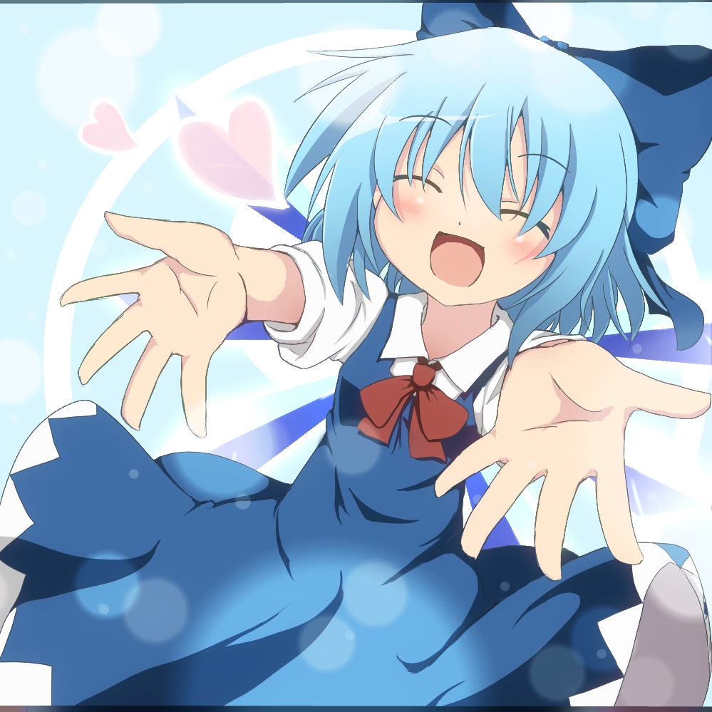 blue_dress blue_hair bow cirno closed_eyes do_(4-rt) dress hair_bow heart ice ice_wings incoming_hug looking_at_viewer open_mouth outstretched_arms puffy_sleeves shirt short_sleeves smile solo touhou upper_body wings