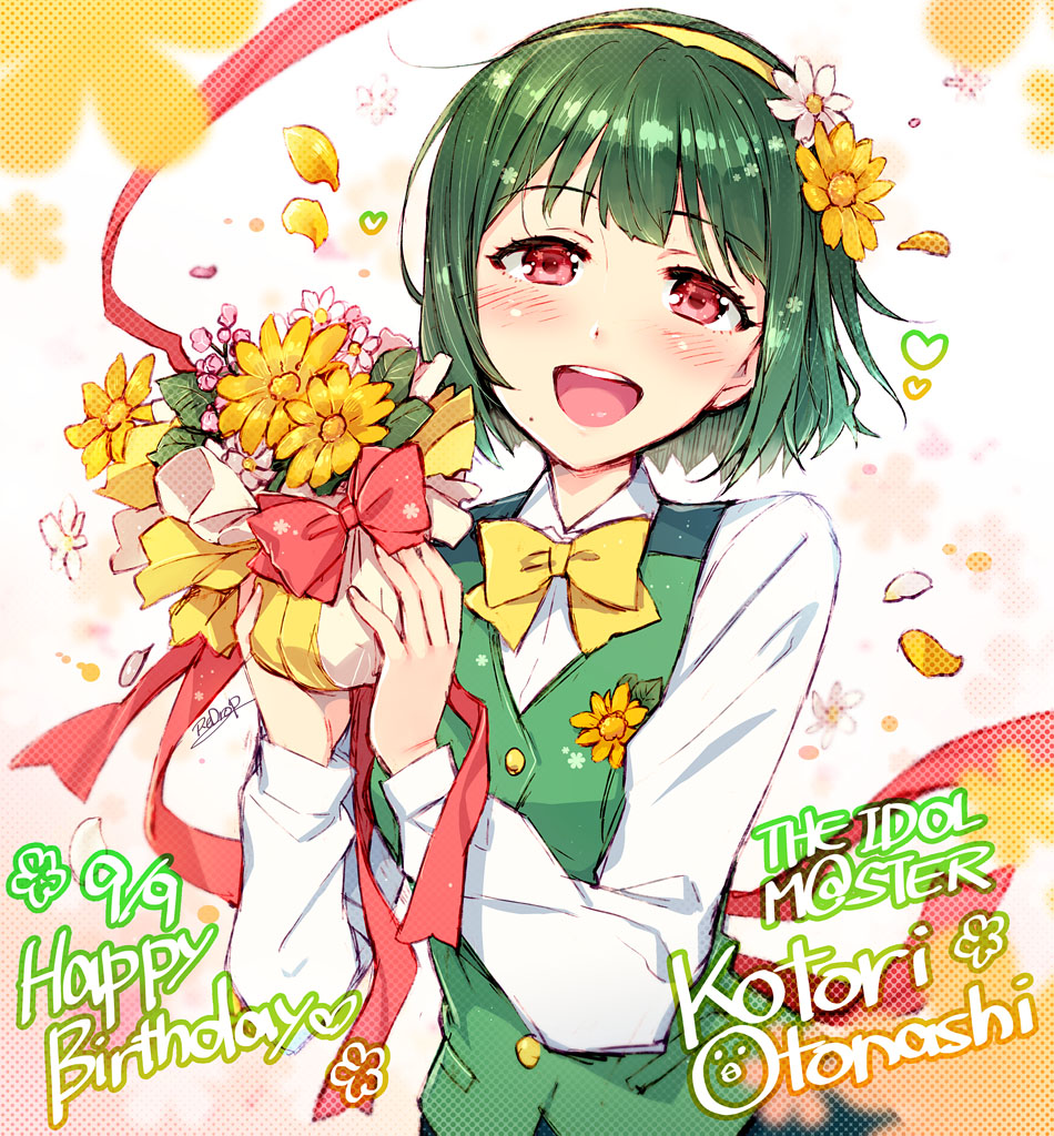 :d blush bow character_name copyright_name dated english flower green_hair hair_flower hair_ornament hairband happy_birthday idolmaster idolmaster_(classic) long_sleeves mole mole_under_mouth open_mouth otonashi_kotori red_eyes redrop short_hair signature smile solo vest