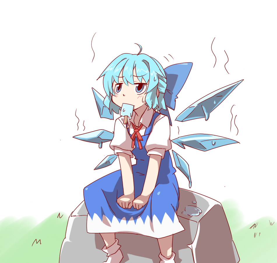 blue_eyes blue_hair bow cirno dress food hair_bow hihachi hot ice ice_wings melting mouth_hold popsicle short_hair sitting touhou wings