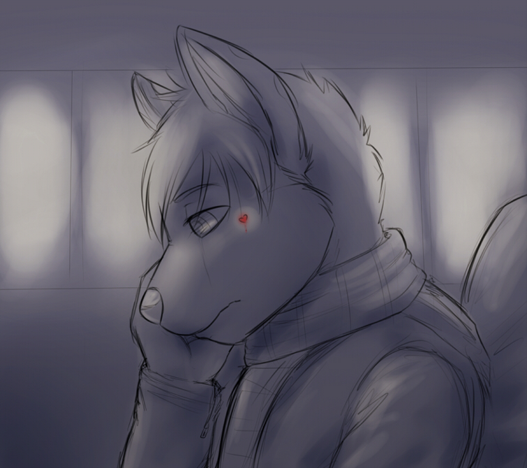 &lt;/3 anthro canine clothed clothing crying fox frown lan male mammal monochrome sad scarf sketch solo zeta-haru