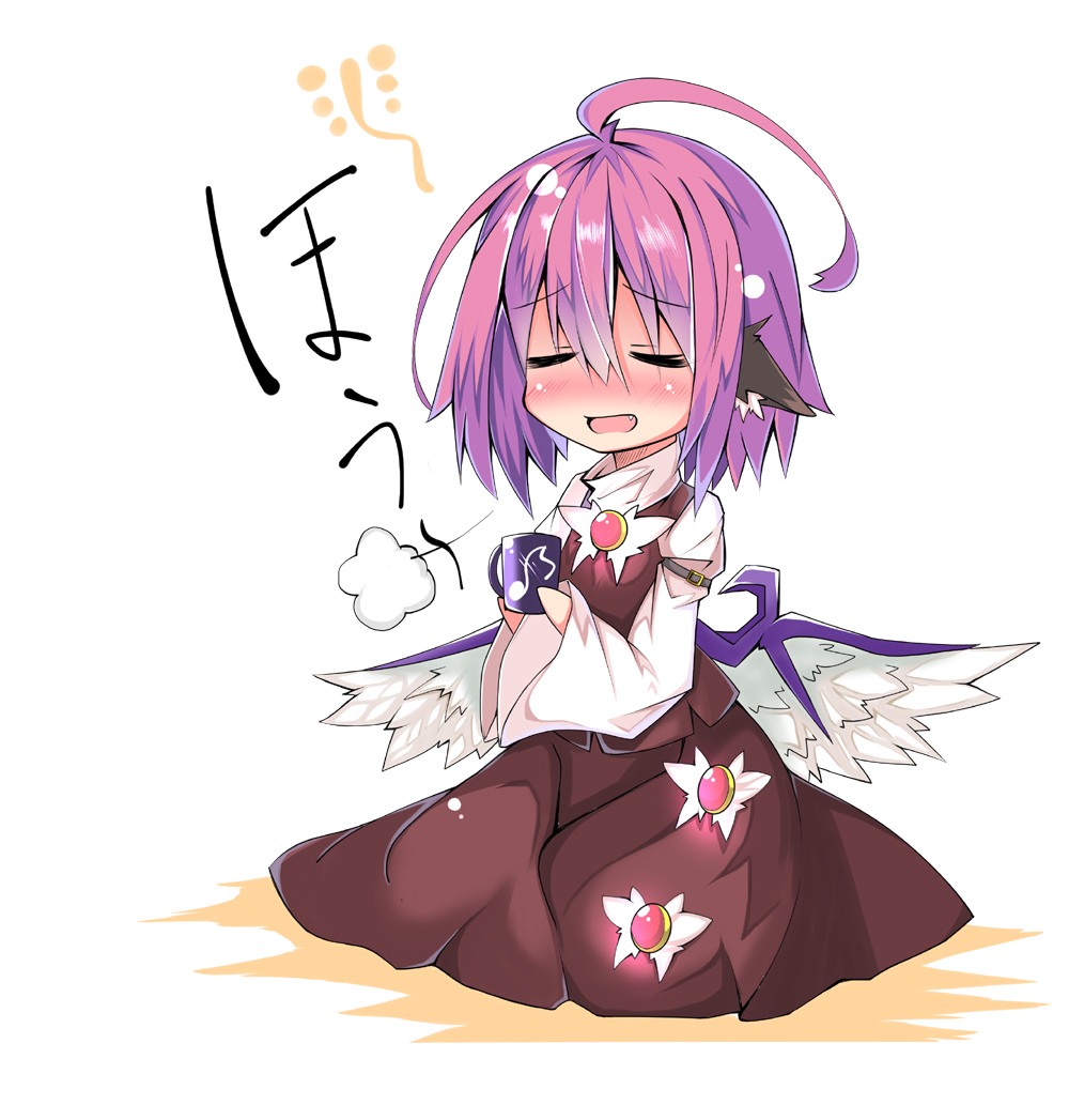 ahoge animal_ears blush closed_eyes cup mug mystia_lorelei pink_hair rurisakura short_hair solo touhou wings