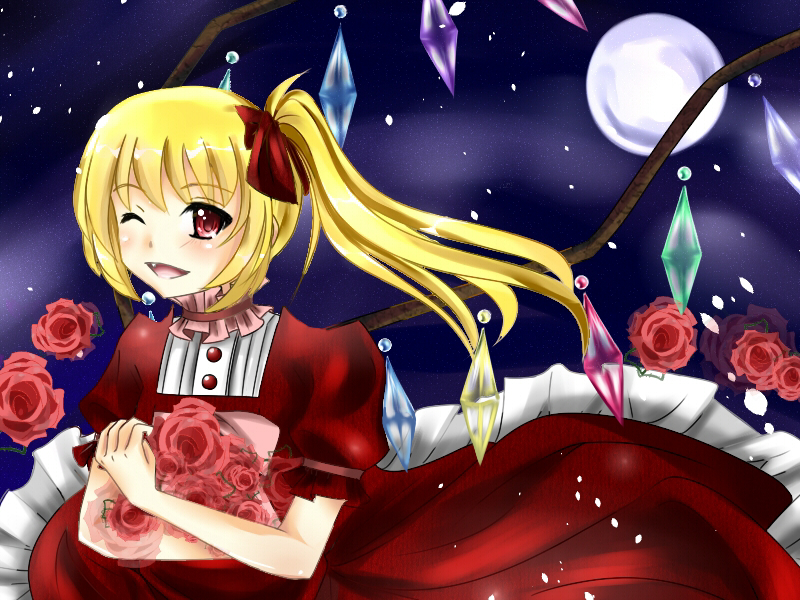 blonde_hair bouquet choker dress fang flandre_scarlet flower full_moon moon night night_sky one_eye_closed open_mouth red_eyes red_flower red_rose rose shiyuu_eriisago side_ponytail sky smile star_(sky) touhou wings