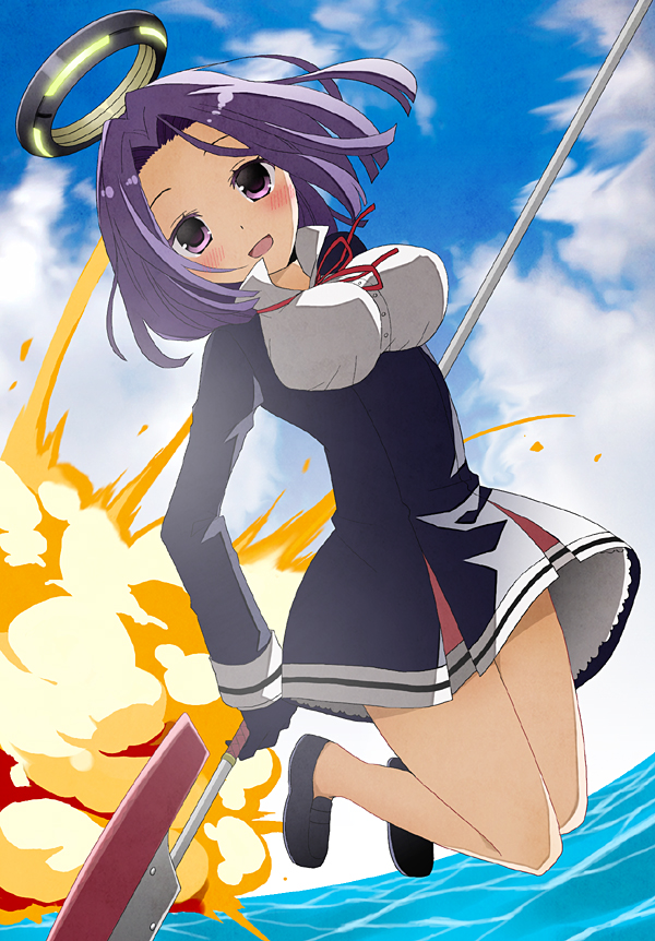 blue_sky blush cloud day explosion glaive gloves jumping kantai_collection lace lace-trimmed_skirt loafers looking_at_viewer mechanical_halo no_socks open_mouth purple_eyes purple_hair school_uniform shoes short_hair skirt sky solo tamaoka_kagari tatsuta_(kantai_collection) water
