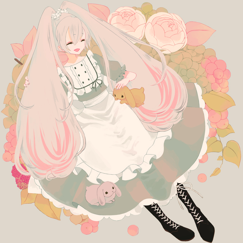 bitikara boots bunny closed_eyes cross-laced_footwear dress hatsune_miku lace-up_boots long_hair pink_hair solo twintails very_long_hair vocaloid