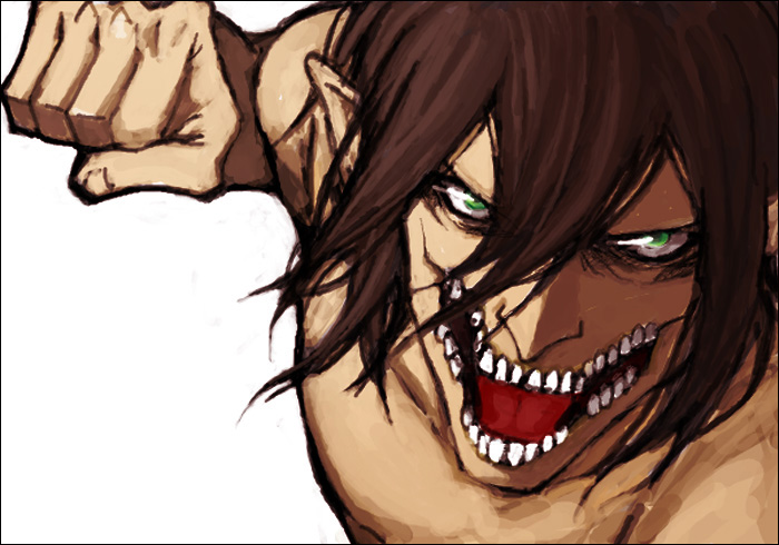 1boy angry brown_hair clenched_hand fist green_eyes hair_between_eyes looking_at_viewer monster monster_boy open_mouth pointy_ears rogue_titan shingeki_no_kyojin simple_background solo teeth upper_body white_background