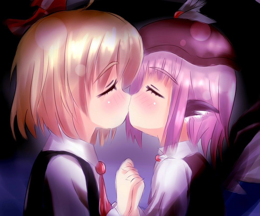 blonde_hair blush closed_eyes couple dress_shirt gradient gradient_background hair_ribbon hands_together hat holding_hands interlocked_fingers kapu_(tetete8901) kiss multiple_girls mystia_lorelei necktie pink_hair profile ribbon rumia shirt short_hair simple_background touhou upper_body vest yuri