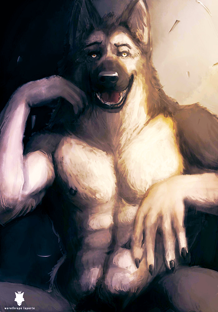 abs anthro biceps big_muscles black_nose canine claws dog fangs fur german_shepherd ivashin male mammal muscles nipples nude open_mouth ovcharka pecs pose sitting solo tan_fur teeth toned tongue tongue_out werethrope