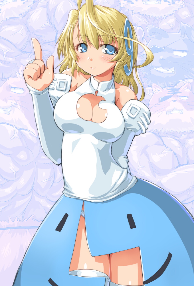 apple_inc. bare_shoulders blonde_hair blue_eyes breasts cat cleavage cleavage_cutout dd_(ijigendd) eyepatch large_breasts light_smile long_hair looking_at_viewer macintosh muscle os-tan os9 panties pointing pointing_up skirt solo thighhighs underwear white_legwear white_panties