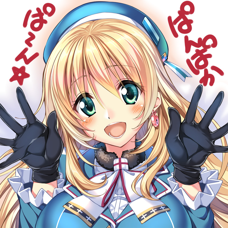 :d atago_(kantai_collection) black_gloves blonde_hair blush breasts earrings gloves green_eyes hat heart heart-shaped_lock heart_earrings heart_lock_(kantai_collection) jewelry kantai_collection large_breasts lock long_hair looking_at_viewer military military_uniform open_mouth pan-pa-ka-paaan! piromizu single_earring smile solo translated uniform waving