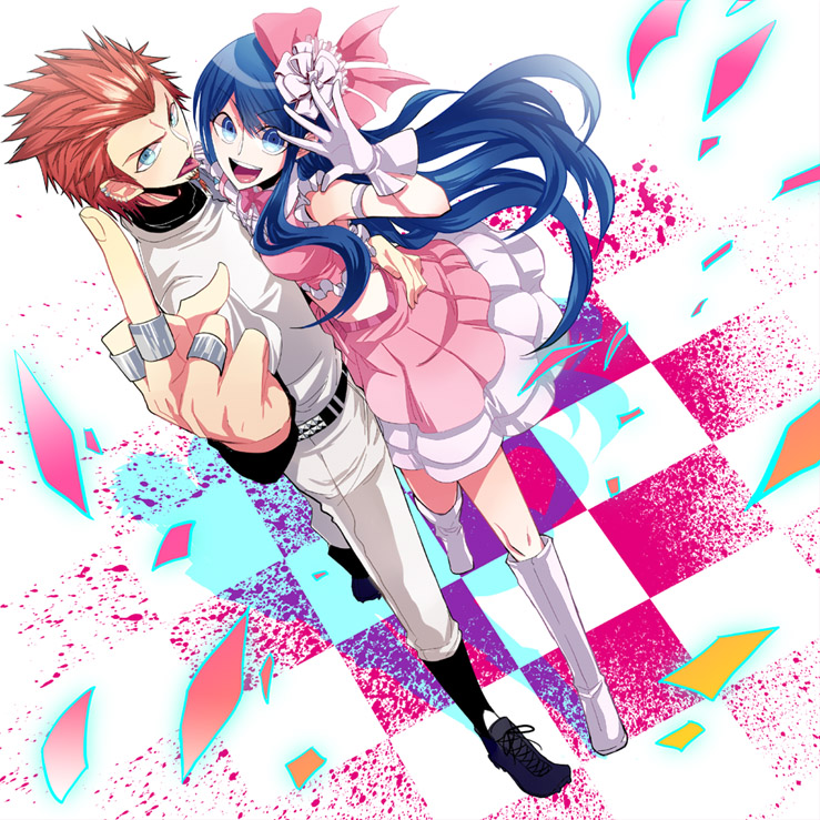 1girl blue_hair danganronpa danganronpa_1 earrings gloves hair_ornament jewelry kuwata_reon kyo_(okyo) maizono_sayaka middle_finger midriff red_hair ring skirt tongue tongue_out