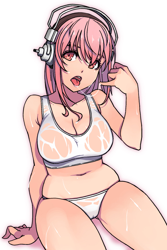 arm_support breasts cleavage curvy headphones large_breasts long_hair navel nitroplus panties pink_hair red_eyes saliva saliva_trail sitting solo super_sonico tongue underwear wet wet_clothes yuksi