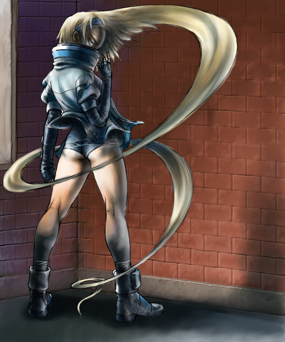 absurdly_long_hair ankle_boots ass bare_legs blonde_hair blue_eyes boots brick_wall corner d-gunhoo elbow_gloves fingerless_gloves from_behind full_body gloves guilty_gear hairband high_collar highres jacket long_hair looking_back millia_rage prehensile_hair short_shorts shorts solo very_long_hair