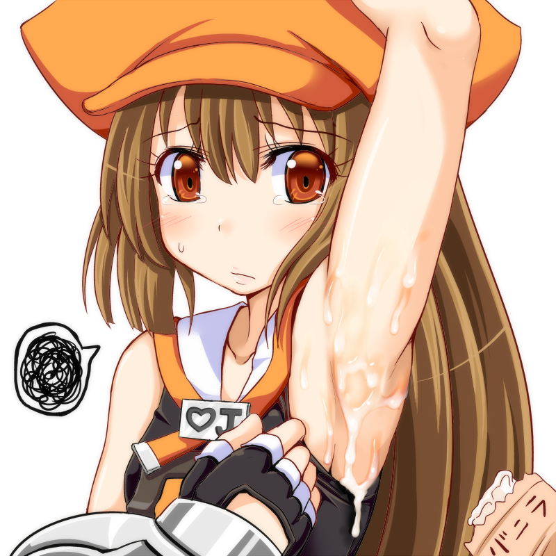 arm_up armpits blush breasts brown_hair fingerless_gloves food gloves guilty_gear guilty_gear_xrd hat ice_cream long_hair may_(guilty_gear) messy orange_eyes orange_hat pirate_hat ponkotsu popsicle sexually_suggestive small_breasts solo squiggle suggestive_fluid sweatdrop tears