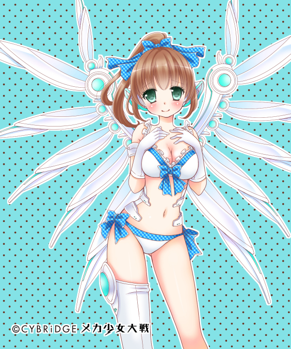 bikini blush bow breasts brown_hair cleavage frilled_bikini frills front-tie_top gloves green_eyes hair_bow large_breasts long_hair looking_at_viewer morinoamane navel original ponytail robot_ears shiny shiny_skin side-tie_bikini smile solo swimsuit wings