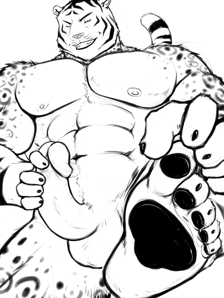 5_toes abs anthro balls biceps big_muscles claws erection feline fur leopard looking_at_viewer male muscles nipples nude pawpads penis snow_leopard solo standing taoren