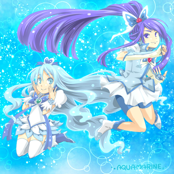 arm_warmers bike_shorts blue blue_background blue_choker blue_eyes blue_hair blue_shorts blue_skirt boots butterfly_hair_ornament character_name choker color_connection crossover cure_aqua cure_marine detached_sleeves earrings fingerless_gloves gloves hair_ornament hair_ribbon heartcatch_precure! high_heels jewelry kasetsu kurumi_erika long_hair minazuki_karen multiple_girls ponytail precure puffy_sleeves ribbon shorts shorts_under_skirt skirt wide_ponytail wrist_cuffs yes!_precure_5 yes!_precure_5_gogo!