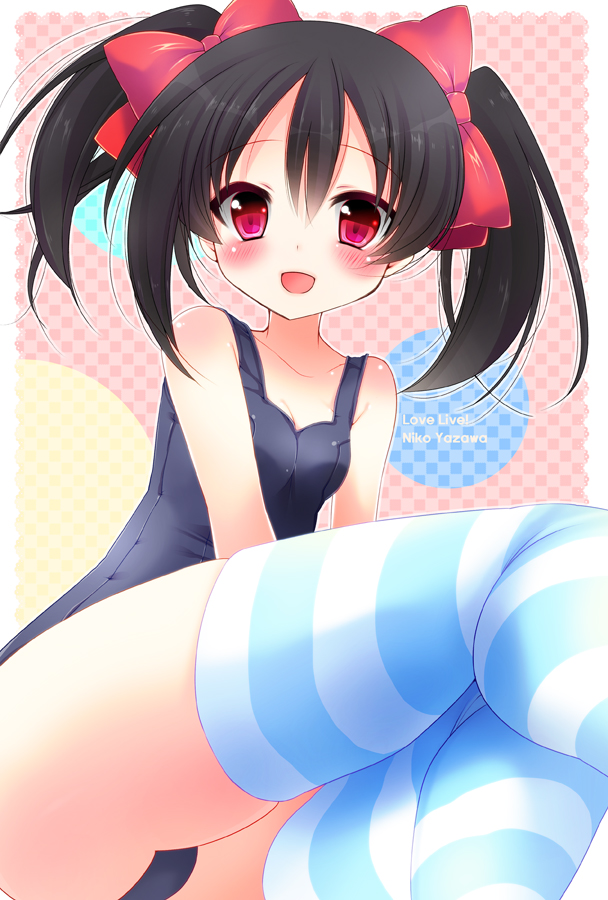 :d black_hair long_hair love_live! love_live!_school_idol_project open_mouth red_eyes school_swimsuit smile striped striped_legwear swimsuit thighhighs toki_ai twintails yazawa_nico