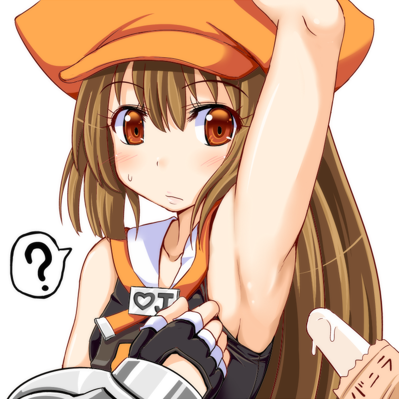 ? arm_up armpits blush breasts brown_hair fingerless_gloves food gloves guilty_gear guilty_gear_xrd hat long_hair may_(guilty_gear) orange_eyes orange_hat pirate_hat ponkotsu popsicle small_breasts solo sweatdrop