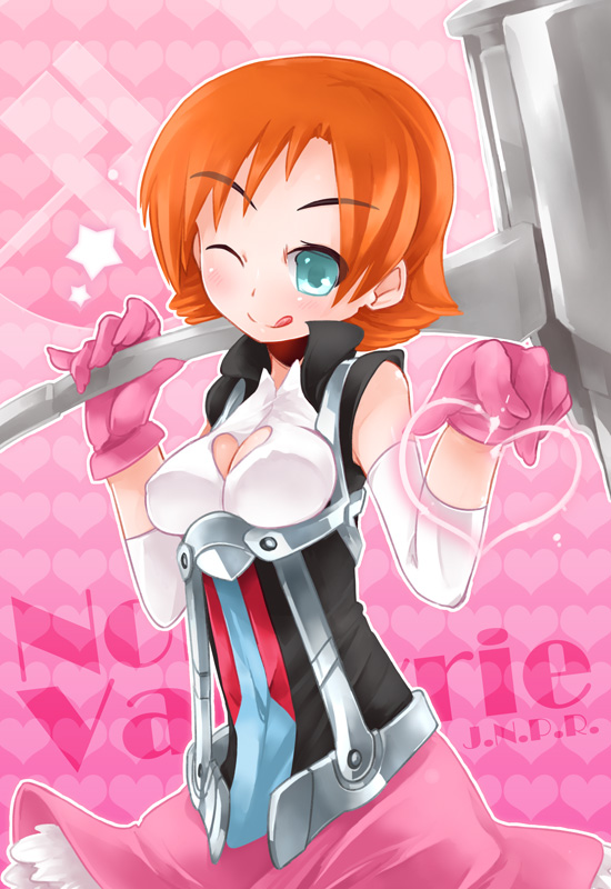 blue_eyes breasts character_name cleavage gloves medium_breasts naik nora_valkyrie one_eye_closed orange_hair rwby solo tongue