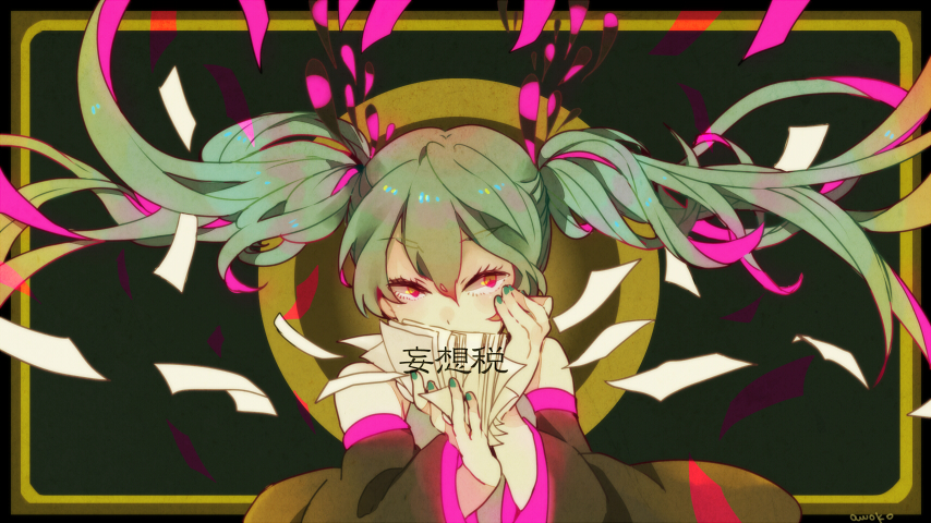copyright_name detached_sleeves floating_hair green_hair hatsune_miku long_hair mousou_zei_(vocaloid) nail_polish pekikokko red_eyes solo twintails vocaloid