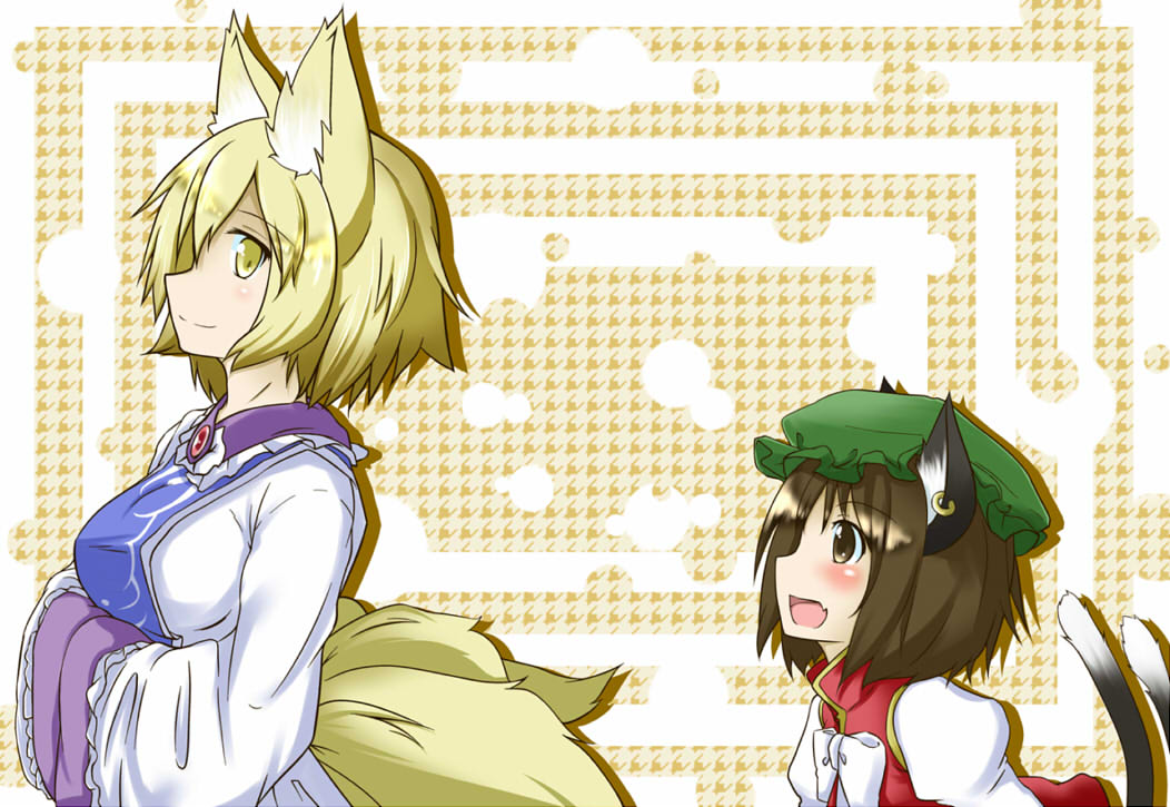 animal_ears blonde_hair blush breasts brown_eyes brown_hair cat_ears cat_tail chen dress fang fox_ears fox_tail hands_in_opposite_sleeves hat jewelry juliet_sleeves kitsunetsu_(rcu_be1s) long_sleeves looking_at_another medium_breasts mob_cap multiple_girls multiple_tails no_hat no_headwear open_mouth patterned_background puffy_sleeves short_hair sideways_glance single_earring smile tabard tail touhou vest yakumo_ran yellow_eyes